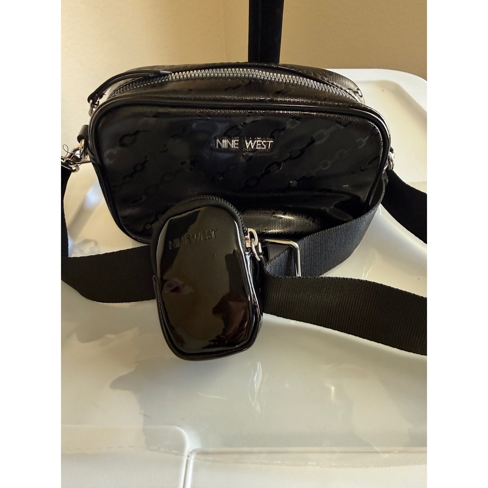 Nine West Black Patent Chain Embossed Crossbody Bag with Mini Pouch